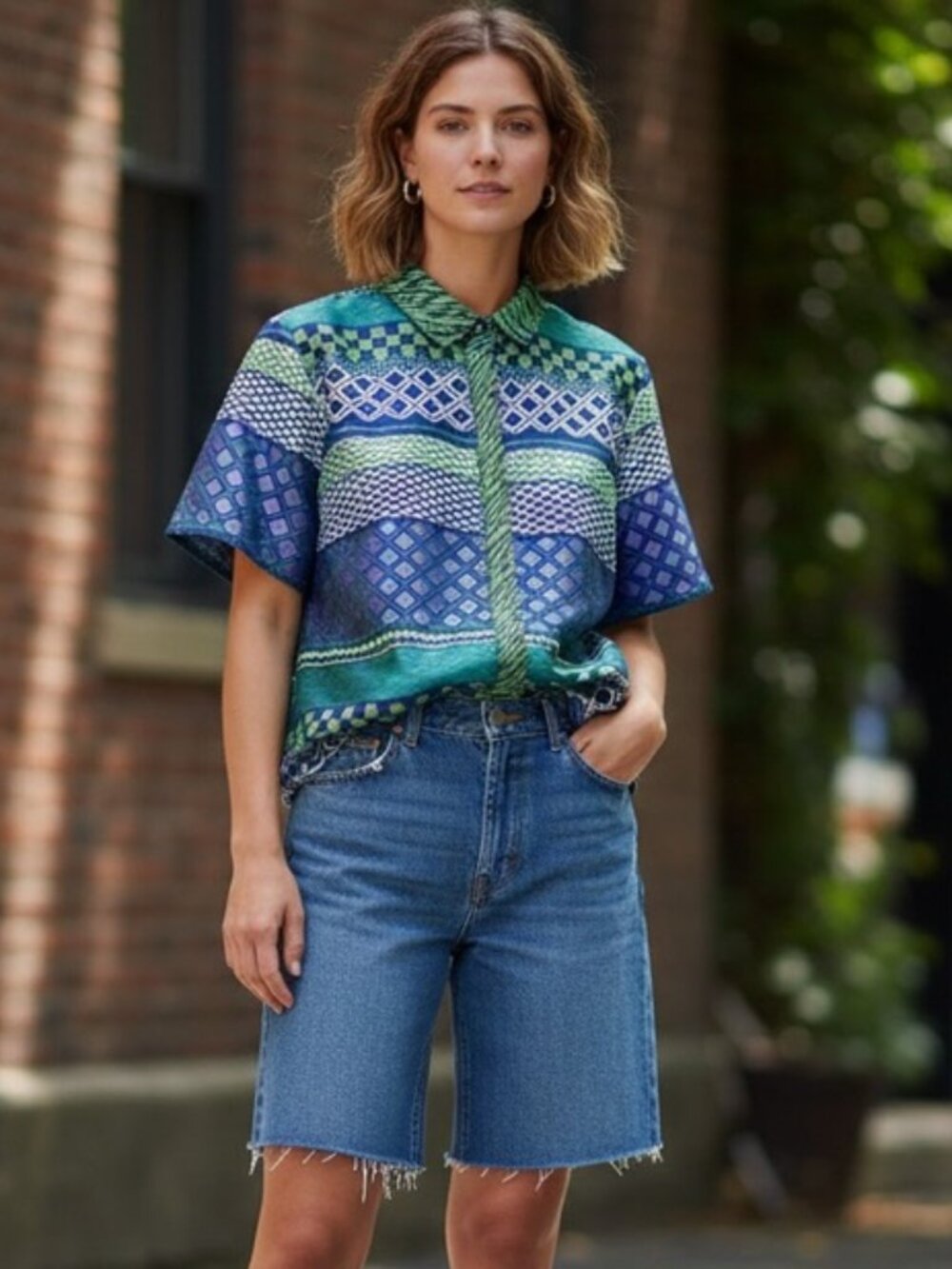 Topshop Box Fit Button Up Patterned Short Sleeve Shirt Size 2